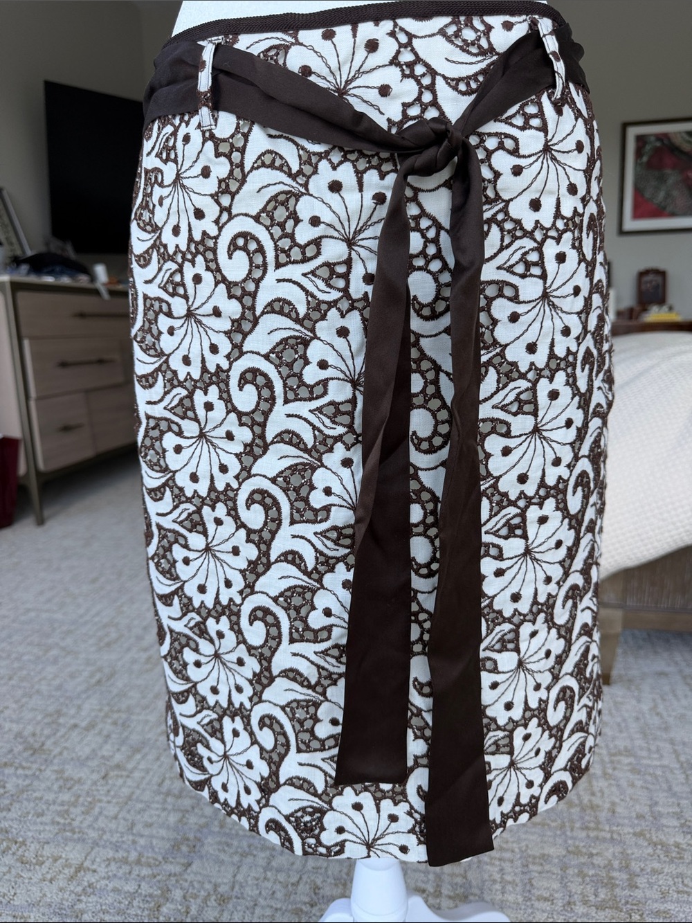 Cynthia Steffe Brown and White Lace-Pattern Pencil Skirt with Waist Tie
